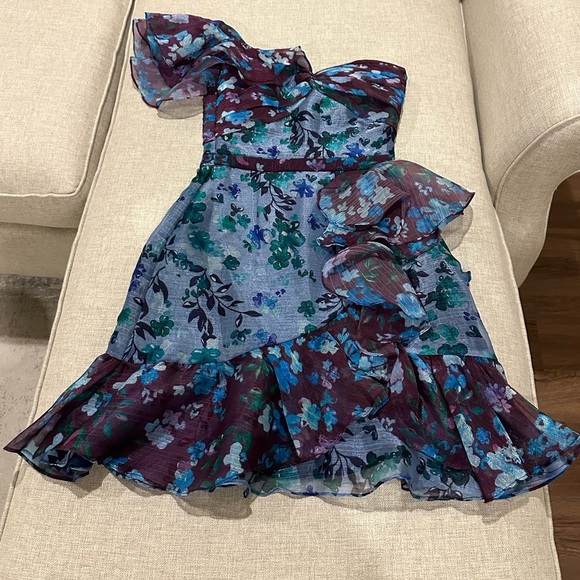 Marchesa Notte One Shoulder Colorblock Cocktail Dress In Blue - Picture 3 of 14